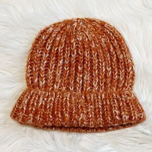 Boho Knit Fold Over Casual Beanie Orange and White One Size